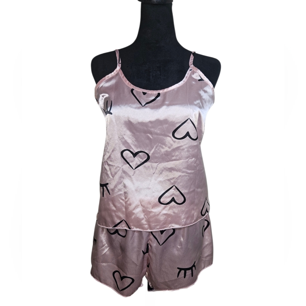 Pink Satin Heart Print Women's Sleepwear Set Size Small